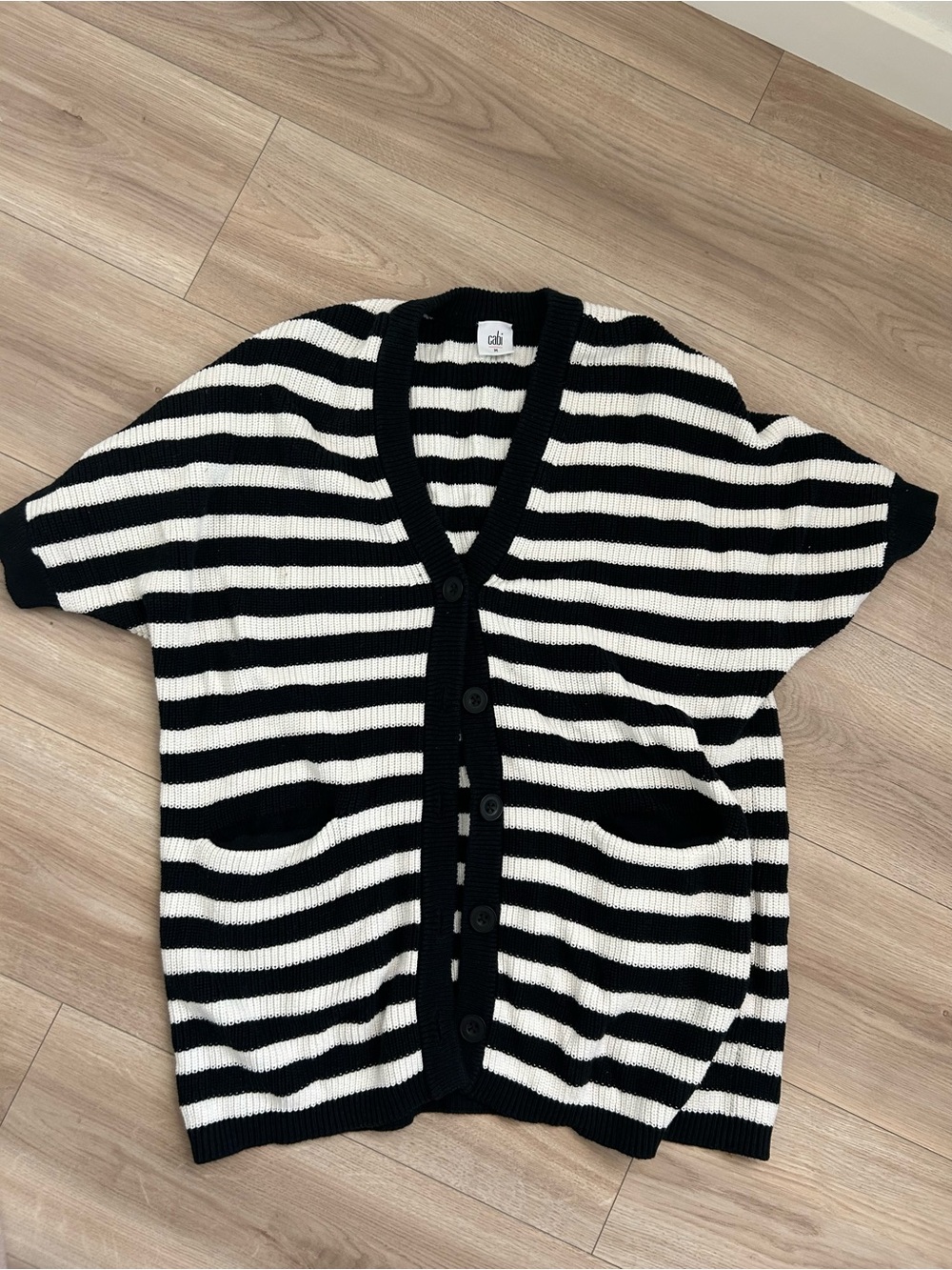 CAbi Black and White Striped Short Sleeve Cardigan